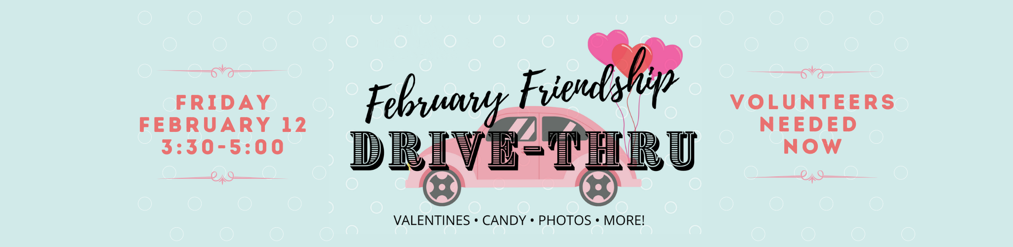 Friendship February graphic with VW bug and heart balloons